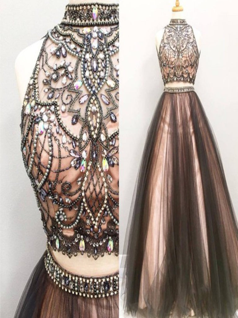 Custom Made High Neck 2 Pieces Brown Prom Dresses, 2 Pieces Formal Dre jbydress Custom Made High Neck 2 Pieces Brown Prom Dresses, 2 Pieces Formal Dre jbydress