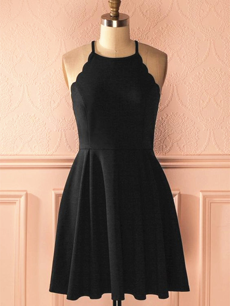 A Line Halter Neck Short Black Prom Dresses, Black Formal Dresses