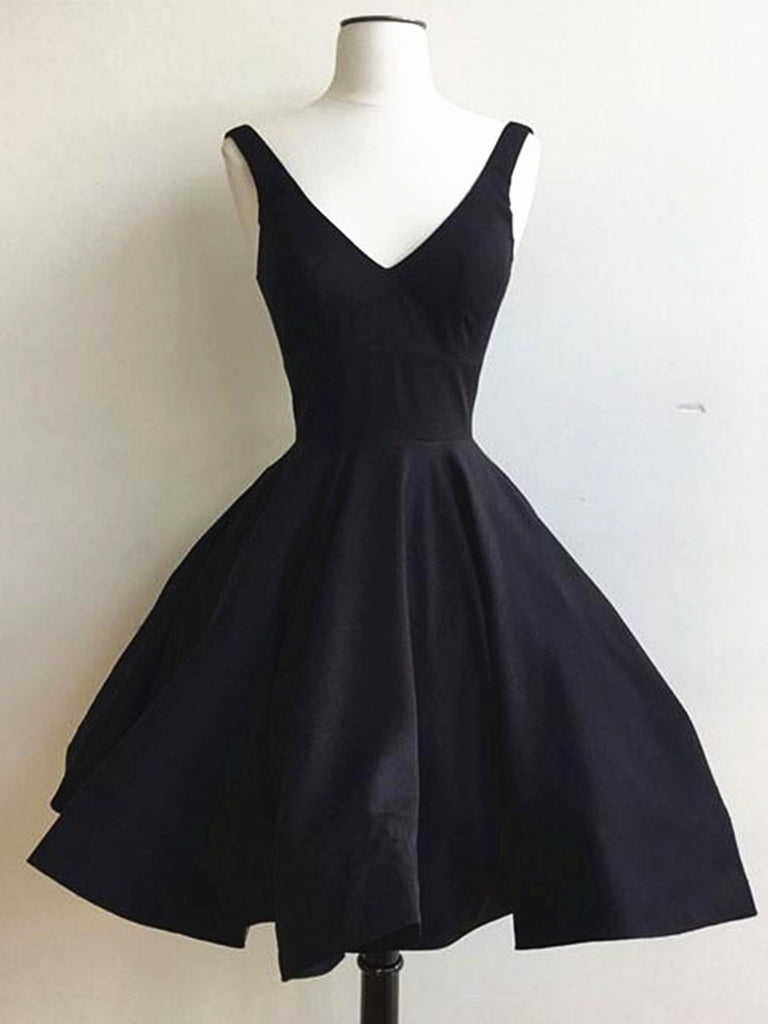 A Line V Neck Short Black Prom Dress, Short Black Graduation Dress, Homecoming Dresses