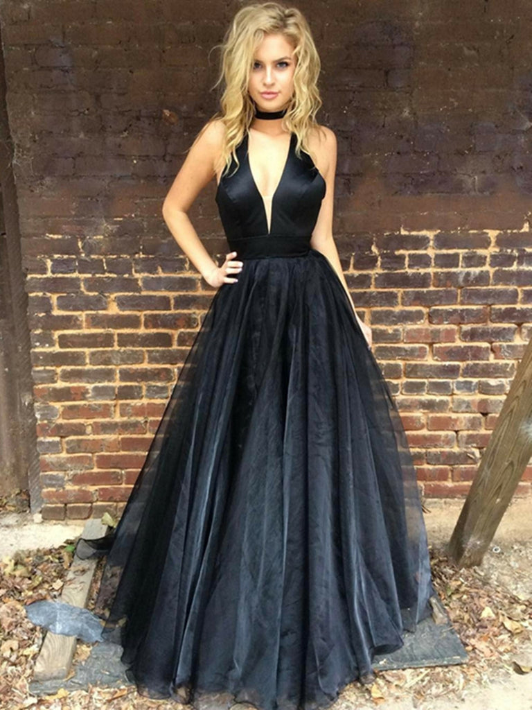 A Line Deep V Neck Black Prom Dress with Train, Black V Neck Graduatio jbydress A Line Deep V Neck Black Prom Dress with Train, Black V Neck Graduatio jbydress