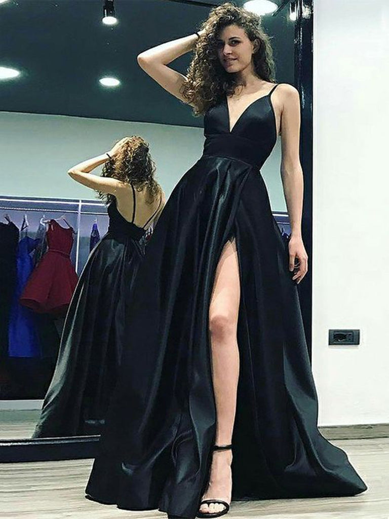 A Line V Neck Black Backless Prom Dresses, Black Backless Formal Dresses, Evening Dresses, Black Graduation Dresses with Leg Slit