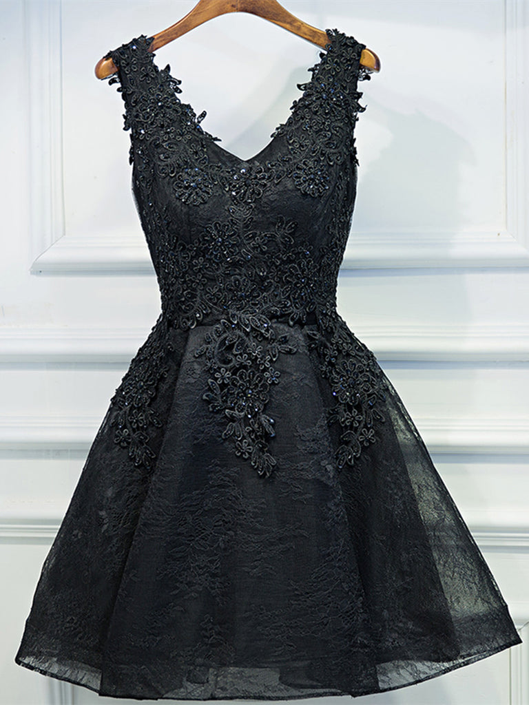 A Line V Neck Short Black Lace Prom Dresses, Black Short Formal Dresse jbydress A Line V Neck Short Black Lace Prom Dresses, Black Short Formal Dresse jbydress