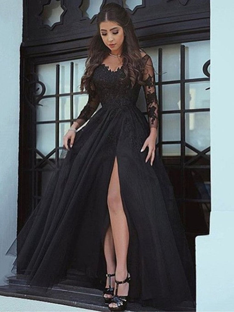 A Line Backless Long Sleeves Black Lace Prom Dresses, Black Lace Formal Dresses, Backless Evening Dresses