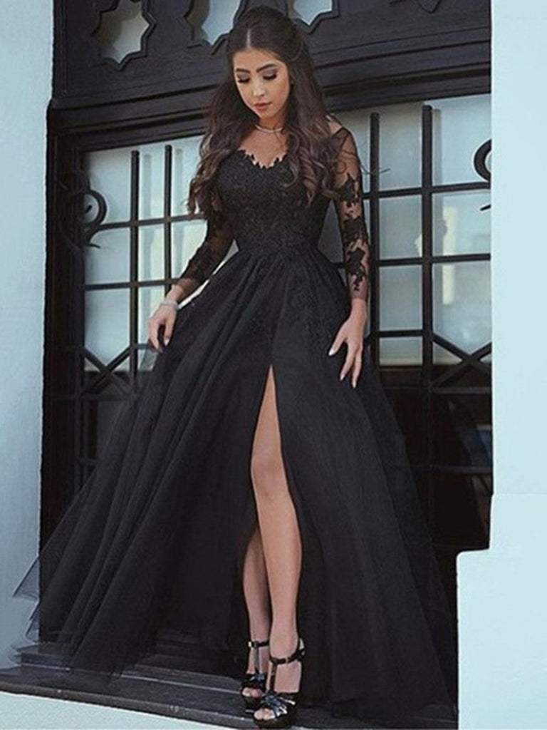 A Line Backless Long Sleeves Black Lace Prom Dresses, Black Lace Forma jbydress A Line Backless Long Sleeves Black Lace Prom Dresses, Black Lace Forma jbydress