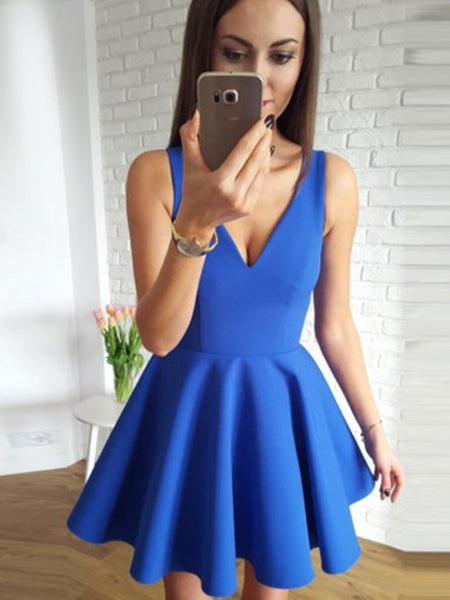 A Line V Neck Short Blue Prom Dresses, Short Blue Graduation Dress, Blue Homecoming Dresses