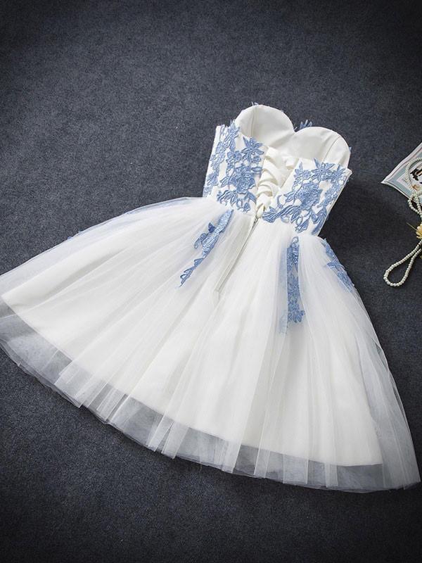 Short White Prom Dress with Blue Lace Applique, Blue Lace Formal Dress jbydress Short White Prom Dress with Blue Lace Applique, Blue Lace Formal Dress jbydress