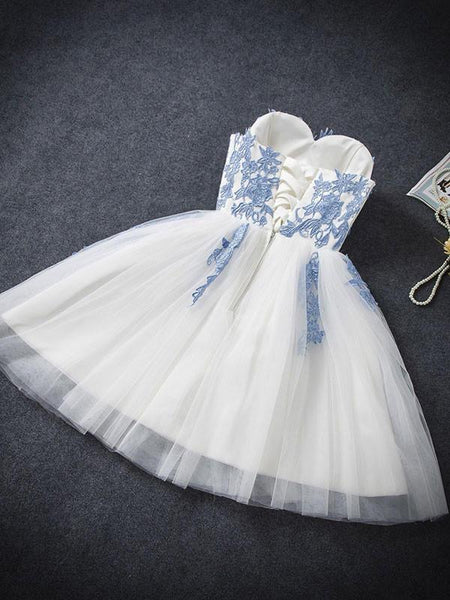 Short White Prom Dress with Blue Lace Applique, Blue Lace Formal Dress, Graduation Dress, Homecoming Dress