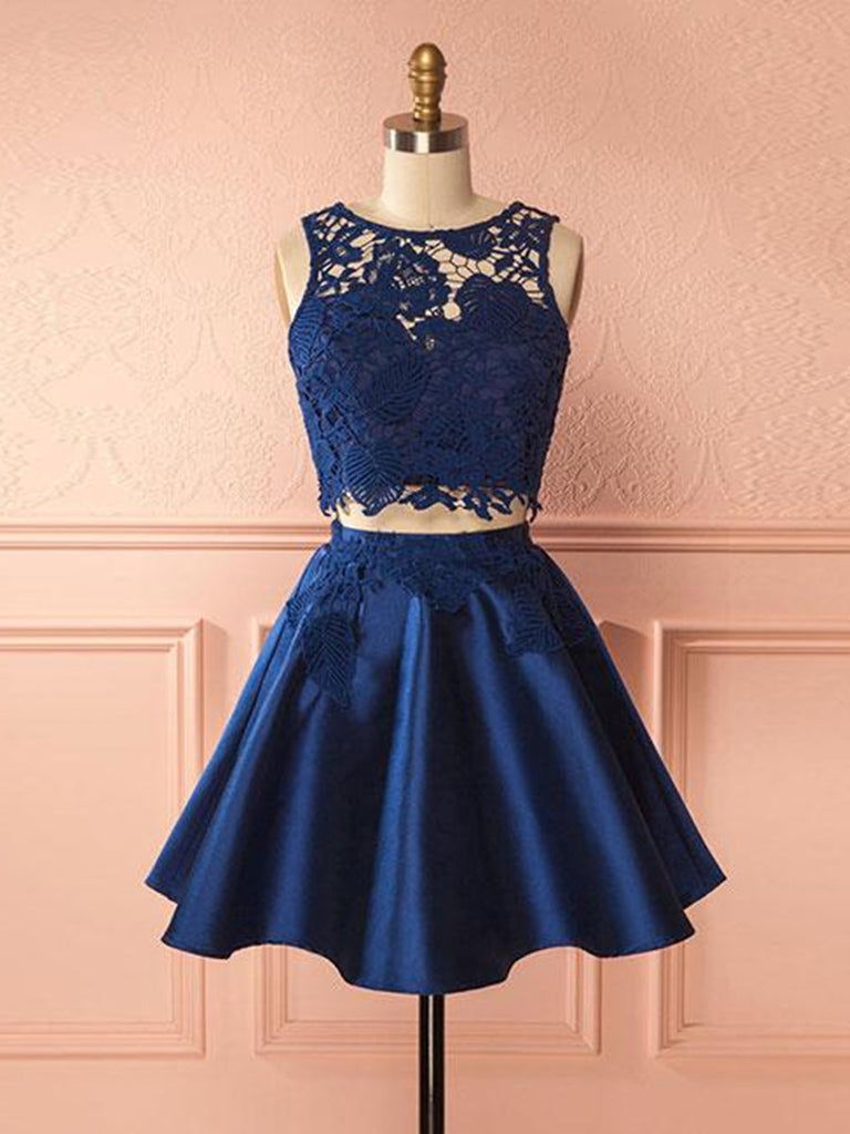 A Line Round Neck Dark Blue 2 Pieces Lace Prom Dresses, Dark Blue 2 Pieces Formal Dresses, Lace Homecoming Dresses