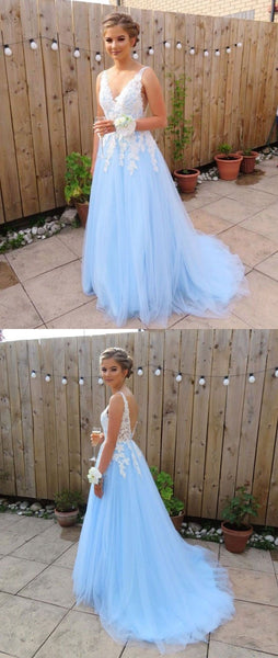 Custom Made A Line V Neck Backless Blue Lace Prom Dresses, Blue Lace Formal Dresses, Lace Bridesmaid Dresses