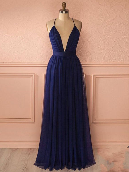 Custom Made A Line V Neck Blue Prom Dress, Backless Blue Graduation Dress, Formal Dresses, Evening Dresses