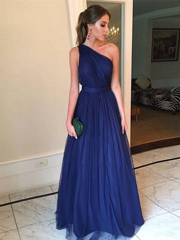 A Line One Shoulder Blue Prom Dresses, One Shoulder Blue Formal Dresses, Graduation Dresses