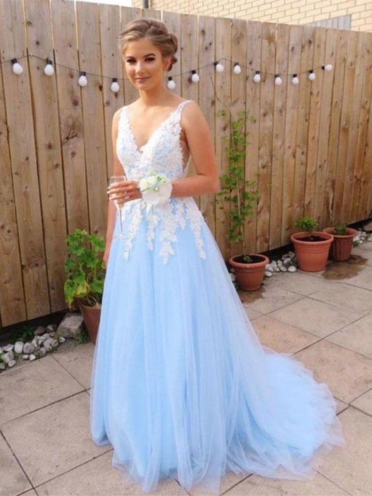 Custom Made A Line V Neck Backless Blue Lace Prom Dresses, Blue Lace F jbydress Custom Made A Line V Neck Backless Blue Lace Prom Dresses, Blue Lace F jbydress