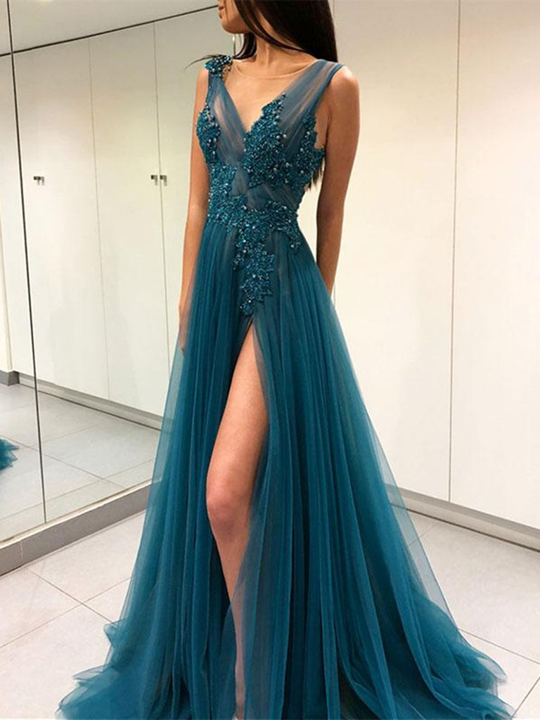 A Line Round Neck Open Back Lace Prom Dresses, Backless Lace Formal Dresses