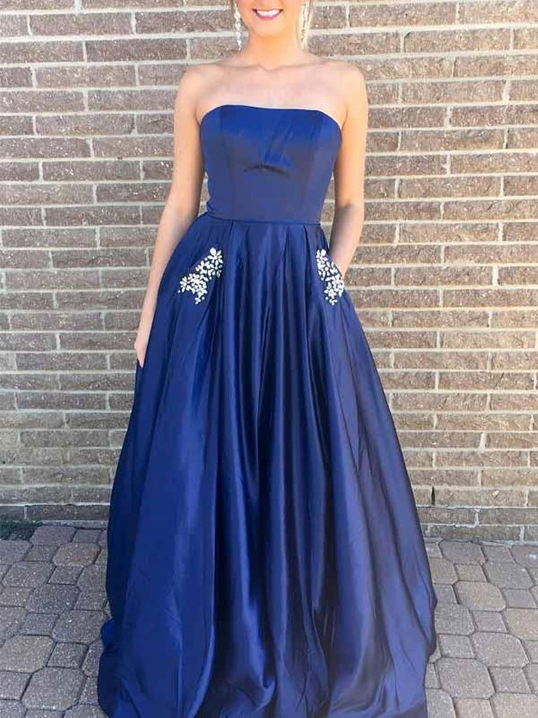 A-Line Strapless Hunter Green/Blue Prom Dress with Beading Pockets, Gr jbydress A-Line Strapless Hunter Green/Blue Prom Dress with Beading Pockets, Gr jbydress