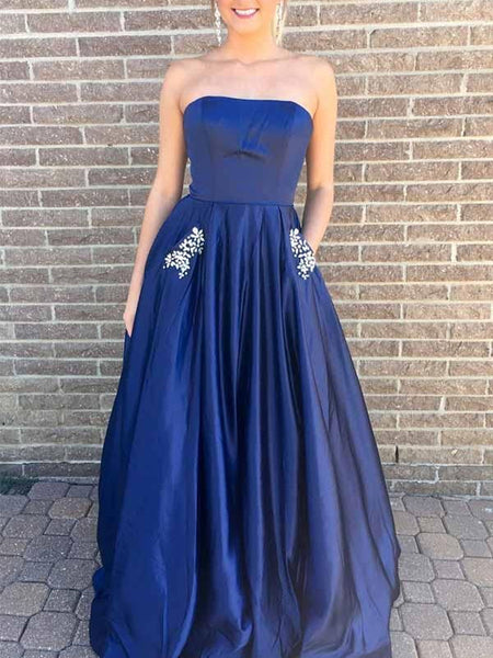 A-Line Strapless Hunter Green/Blue Prom Dress with Beading Pockets, Green/Blue Formal Dresses