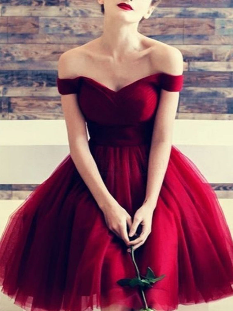 Custom Made Off Shoulder Short Burgundy Prom Dresses, Short