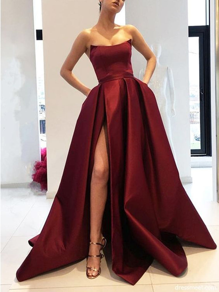 A Line Strapless High Slit Burgundy/Pink/Navy Blue Prom Dresses, High jbydress A Line Strapless High Slit Burgundy/Pink/Navy Blue Prom Dresses, High jbydress