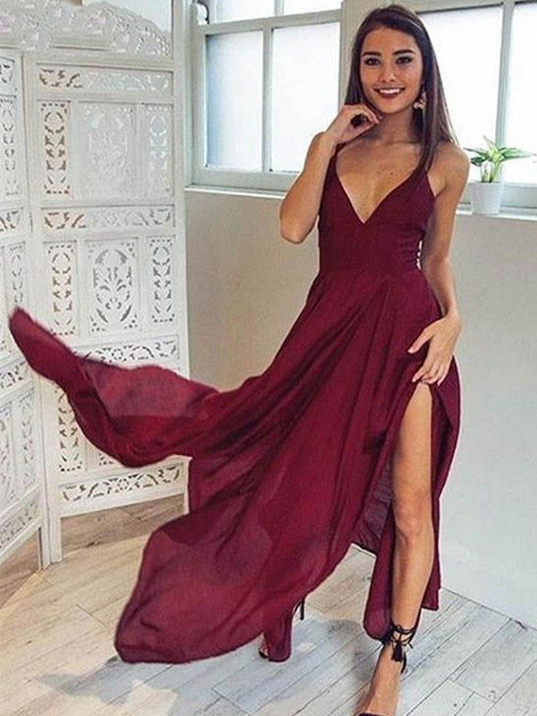 A Line V Neck Backless Long Maroon/Burgundy Prom Dresses, Backless