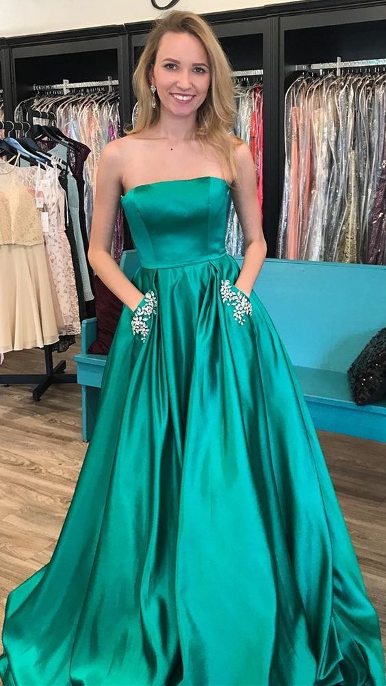 A-Line Strapless Hunter Green/Blue Prom Dress with Beading Pockets