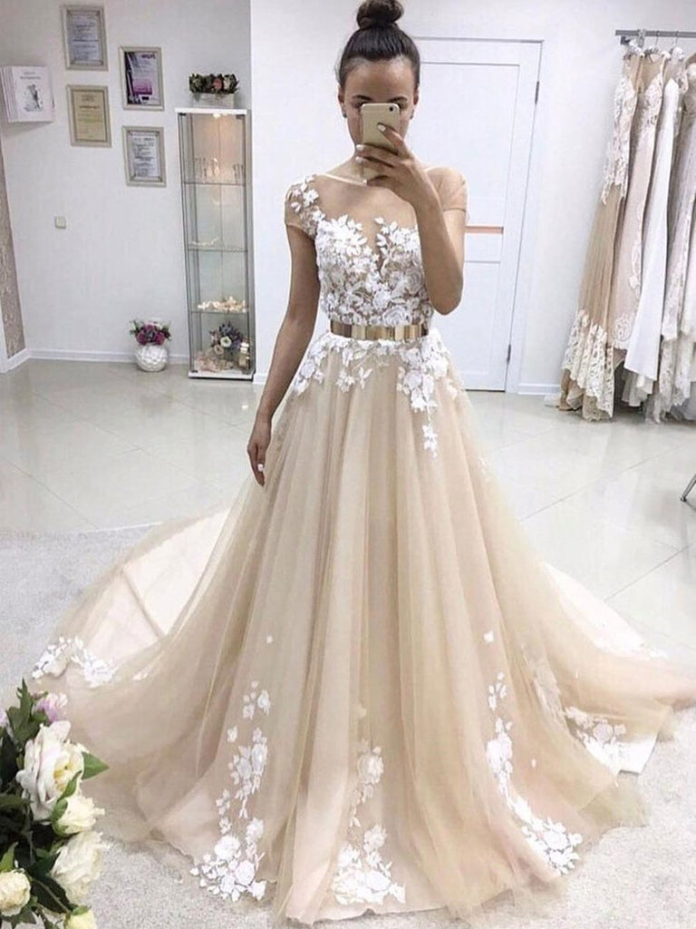 Champagne Round Neck Cap Sleeves Sweep Train Lace Prom Dress, Champagn – jbydress