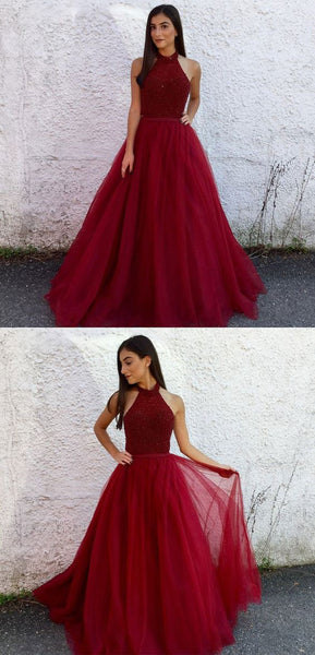 A Line Burgundy Prom Dress, Burgundy Long Formal Dress, Evening Dress with Tulle and Beading