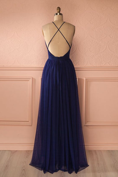 Custom Made A Line V Neck Blue Prom Dress, Backless Blue Graduation Dress, Formal Dresses, Evening Dresses