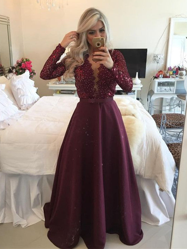 Custom Made A Line V Neck Long Sleeves Maroon Prom Dresses, Maroon For jbydress Custom Made A Line V Neck Long Sleeves Maroon Prom Dresses, Maroon For jbydress