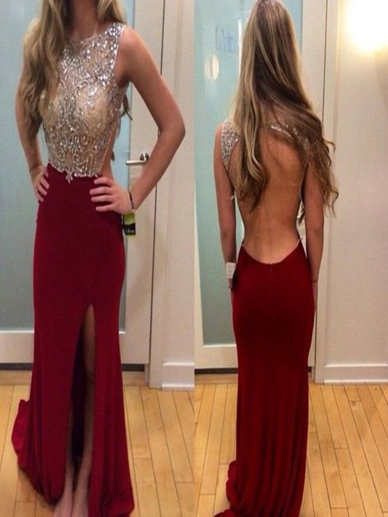 Round Neck Backless Maroon Prom Dresses/Backless Formal Dresses