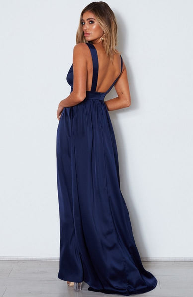 Custom Made A Line V Neck Floor Length Navy Blue Prom Dress with Slit, Long Navy Blue Formal Dresses, Evening Dresses