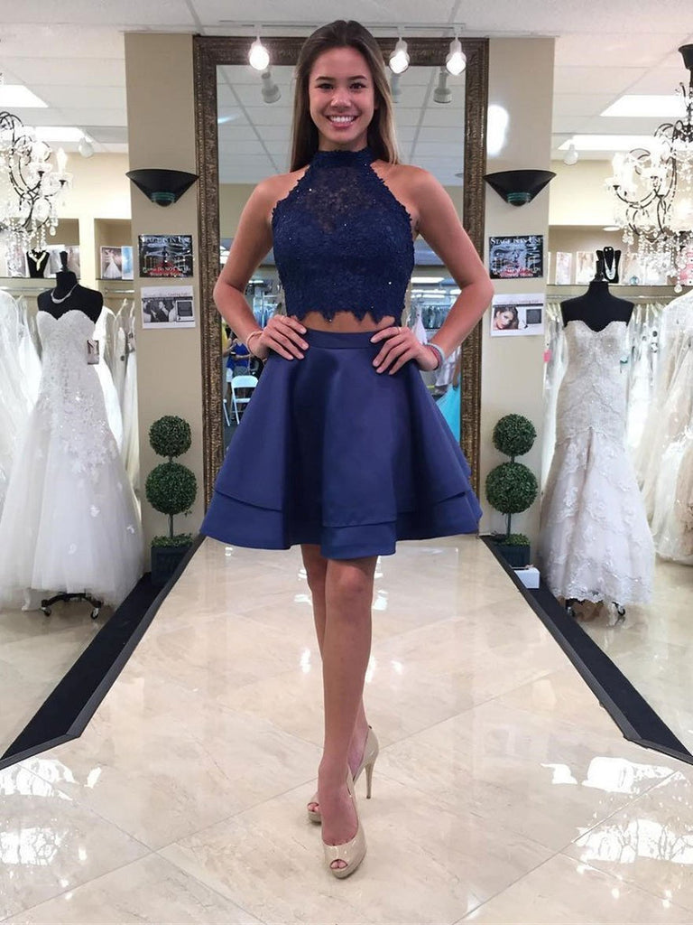 Custom Made A Line 2 Pieces Halter Neck Short Lace Light Blue/Burgundy jbydress Custom Made A Line 2 Pieces Halter Neck Short Lace Light Blue/Burgundy jbydress