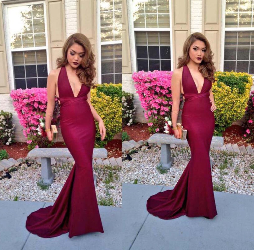 Custom Made Mermaid V Neck Backless Maroon Prom Dress Burgundy Formal jbydress