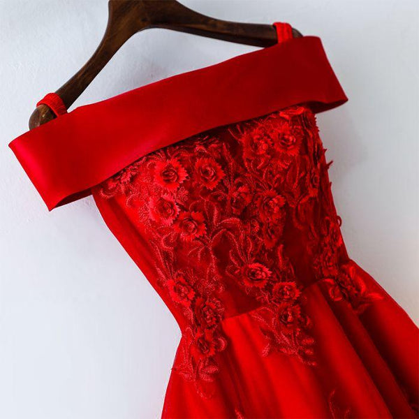 Cute A Line Off Shoulder Short Red Lace Prom Dresses, Short Red Bridesmaid Dresses, Graduation Dresses