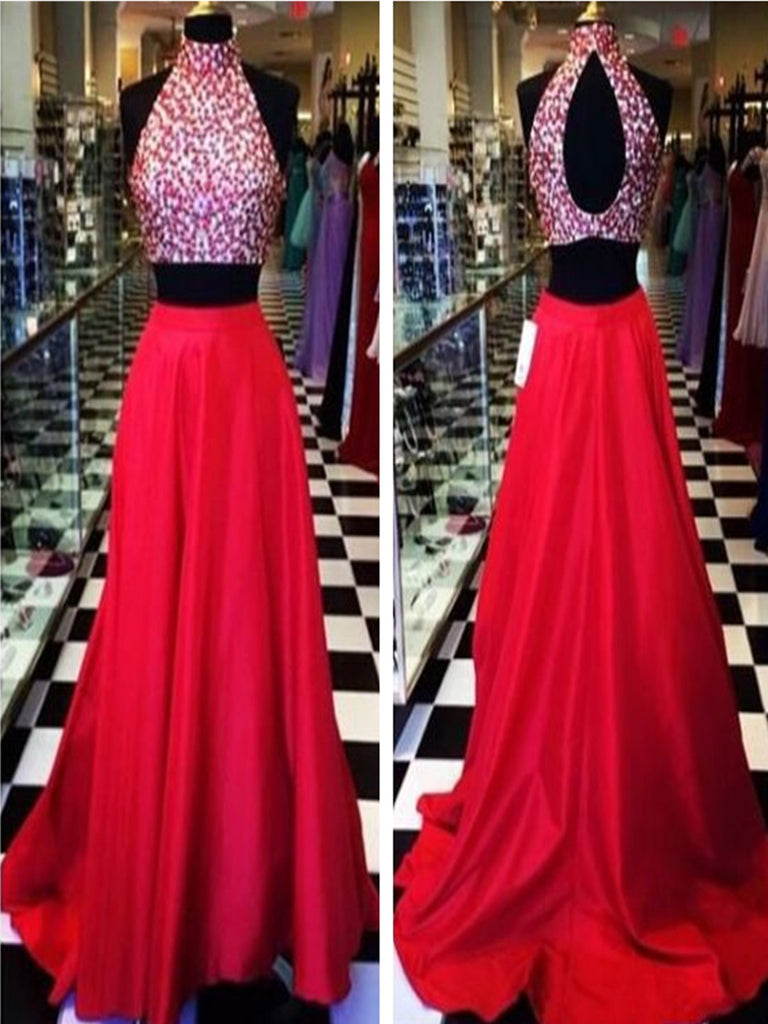 Custom Made A Line High Neck 2 Pieces Red Long Prom Dress, Long Red Formal Dress
