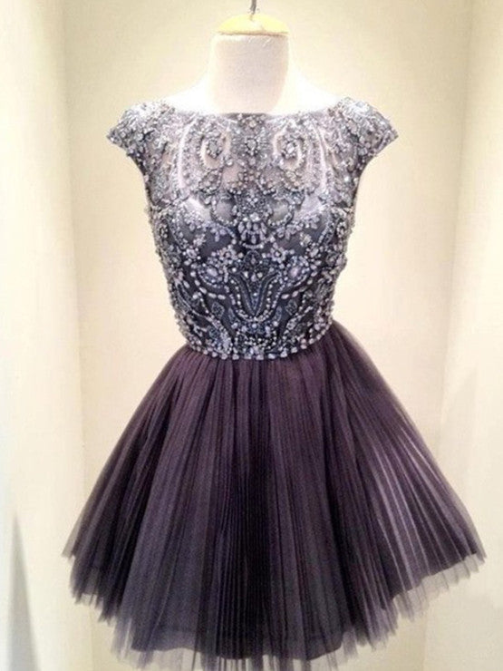 Short Grey Beaded Tull Prom Dresses, Short Grey Homecoming /Graduation jbydress Short Grey Beaded Tull Prom Dresses, Short Grey Homecoming /Graduation jbydress