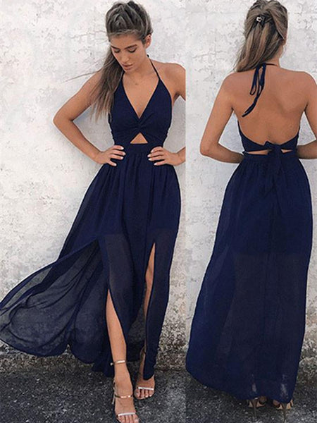 Custom Made Navy Blue Backless Prom Dress, Dark Blue Backless Formal D