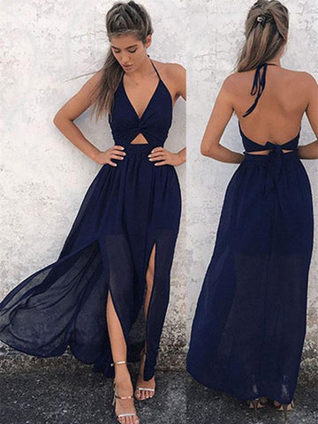 Custom Made Navy Blue Backless Prom Dress, Dark Blue Backless Formal Dress
