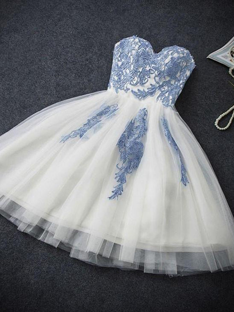 Short White Prom Dress with Blue Lace Applique, Blue Lace Formal Dress jbydress Short White Prom Dress with Blue Lace Applique, Blue Lace Formal Dress jbydress