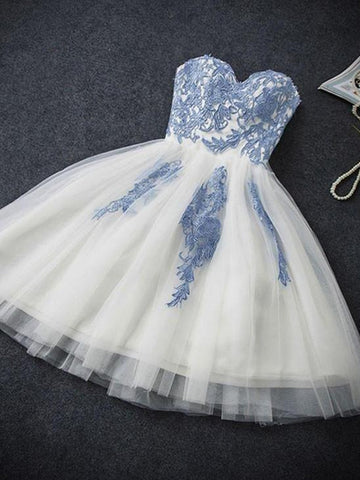Short White Prom Dress with Blue Lace Applique, Blue Lace Formal Dress, Graduation Dress, Homecoming Dress