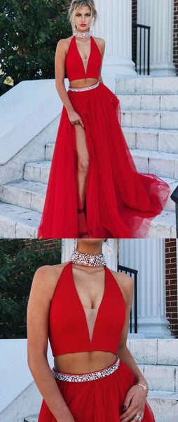 A Line V Neck Red 2 Pieces Prom Dresses, 2 Pieces Red Formal Dresses, Graduation Dresses