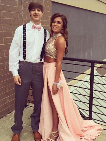 pink 2 piece dress A Line V Neck 2 Pieces Pink Lace Prom Dresses, Two Pieces Pink Lace Fo – jbydress