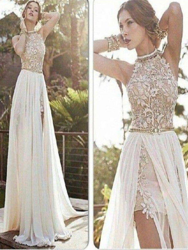 Custom Made A Line High Neck Backless White Long Lace Prom Dresses, Lo jbydress Custom Made A Line High Neck Backless White Long Lace Prom Dresses, Lo jbydress
