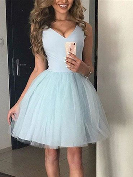 A Line V Neck Short Blue Prom Dress, Light Blue Graduation Dress, Shor
