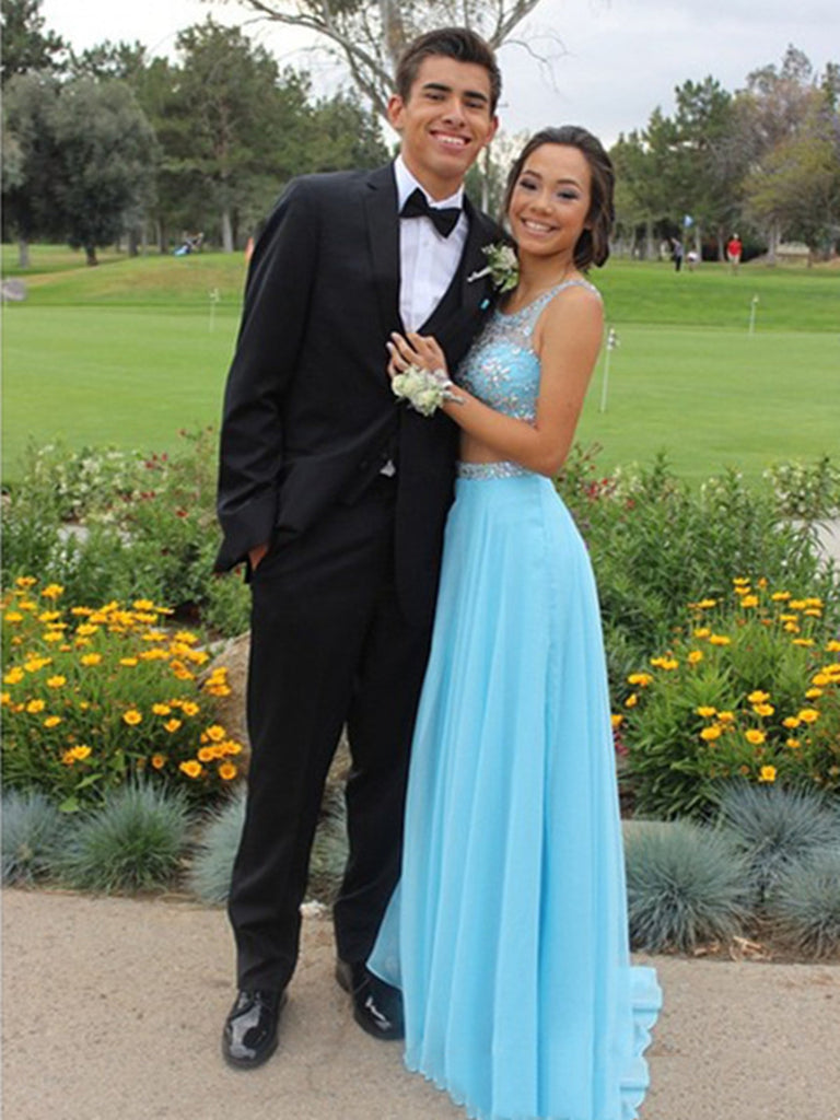 Custom Made A Line Round Neck 2 Pieces Light Blue Long Prom Dress, Blu jbydress Custom Made A Line Round Neck 2 Pieces Light Blue Long Prom Dress, Blu jbydress