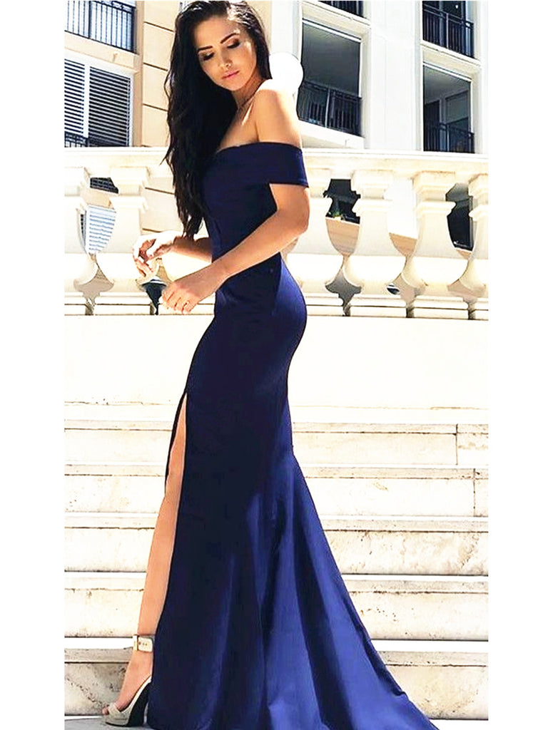 Custom Made Off Shoulder Mermaid Navy Blue Prom Dress with Slit