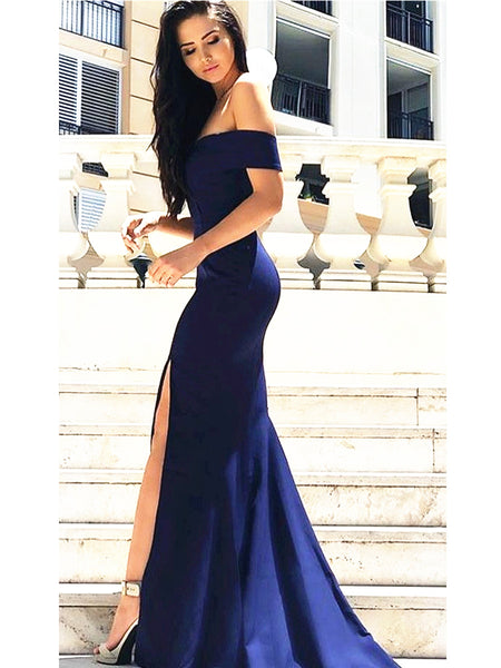 Custom Made Off Shoulder Mermaid Navy Blue Prom Dress with Slit, Navy ...