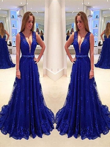 Royal Blue A Line V Neck Sweep Train Lace Prom Dress, Royal Blue Lace Formal Dress
