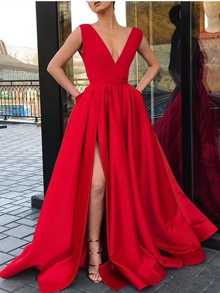 Custom Made A Line V Neck Red Prom Dress with High Slit, Red Formal Dresses, Graduation Dresses
