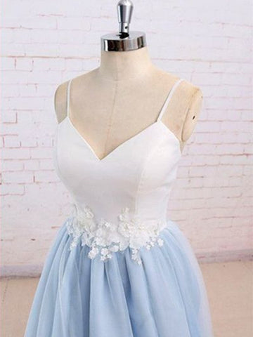 Sweetheart Neck Blue and White Sweep Train Prom Dress, Formal Dress