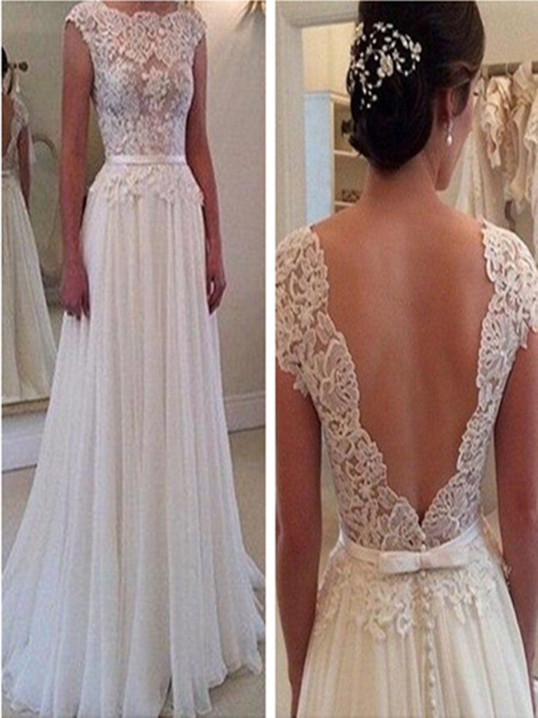 Custom Made A Line Round Neck Backless White Lace Prom Dress, Wedding Dress, Formal Dress