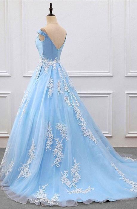 Off Shoulder Light Blue Prom Dress with Lace Applique, Prom Gown, Ligh jbydress Off Shoulder Light Blue Prom Dress with Lace Applique, Prom Gown, Ligh jbydress